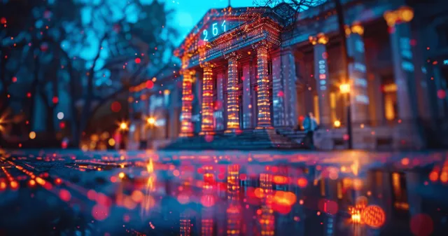 Glowing financial data overlay and secure payment icons over a smartphone banking interface with city lights in the background.