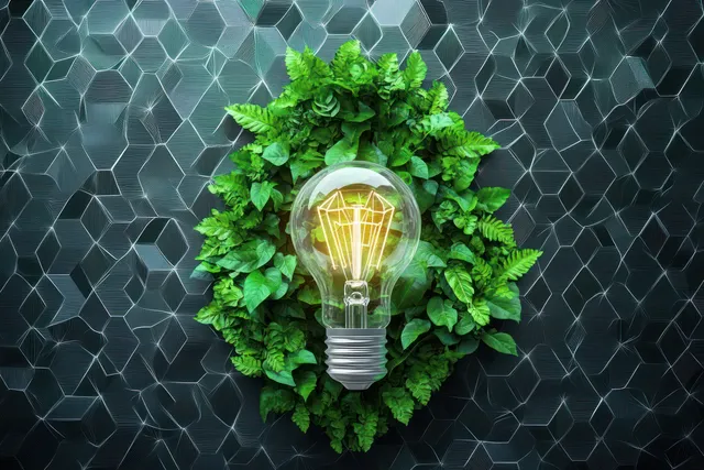 Glowing light bulb encircled by vibrant green leaves on a dark geometric network