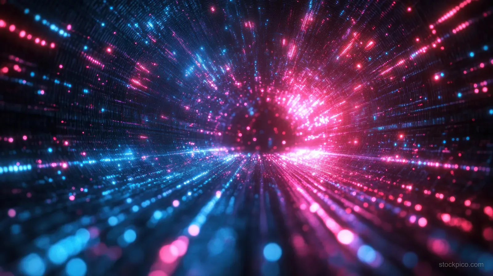 Blue and pink neon light trails radiate through a dark digital tunnel.