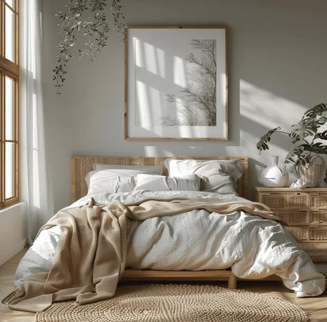 Cozy coastal bedroom interior with wooden bed, beige throw, and sunlight poster mockup