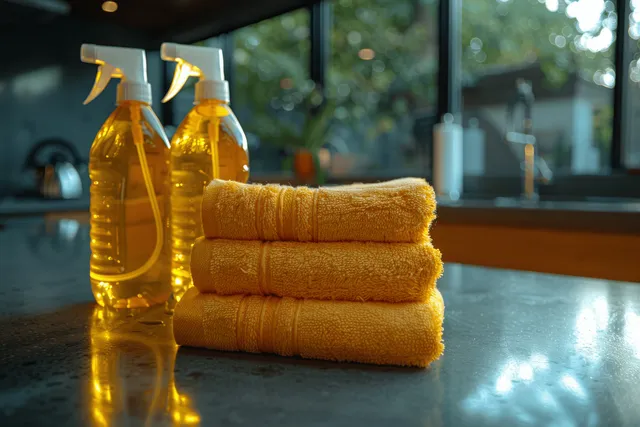 Sunlit spray bottles and folded towels on kitchen counter beside window greenery