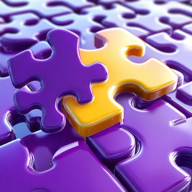 Purple and yellow jigsaw pieces in close-up with the yellow piece partly inserted among matching gaps.
