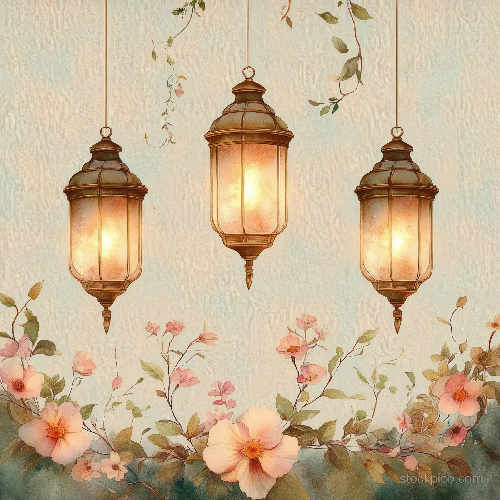 Three glowing vintage lanterns hang above pink and peach flowers with trailing green vines.