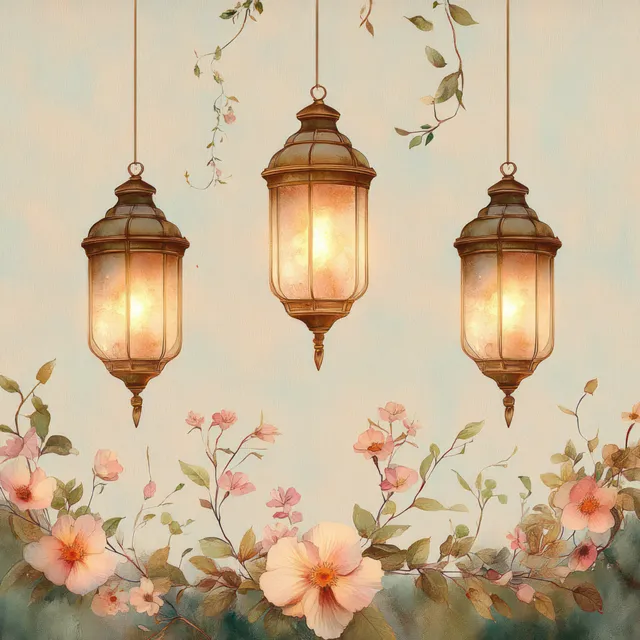 Three glowing vintage lanterns above pastel flowers and trailing vines