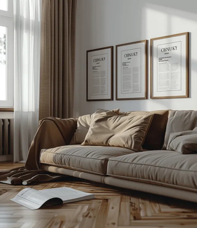 Minimalist living room scene with brown sofa, blank picture frames, and daylight window light