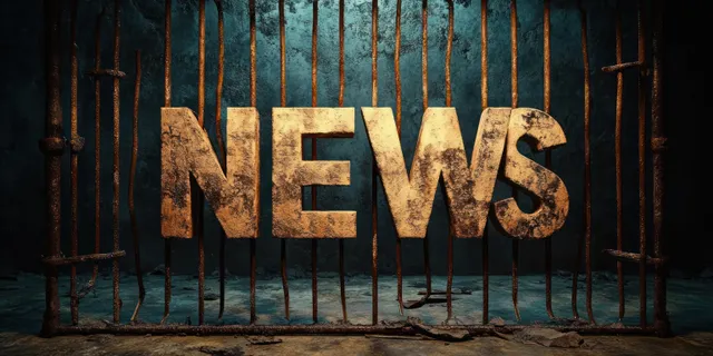 Sculpted stone letters reading “NEWS” sit behind prison bars in a dark, shadowy setting.