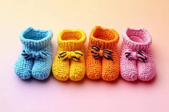 Colorful knitted baby booties lined up on a light pastel background