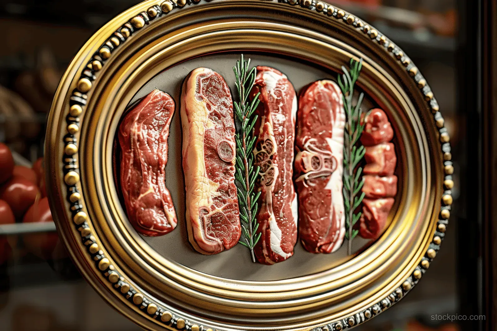 Raw beef steak cuts with marbling arranged on a tray with rosemary sprigs in a display.
