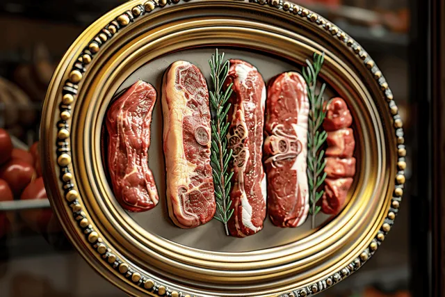 Assorted raw beef steak cuts arranged on a butcher display platter with rosemary