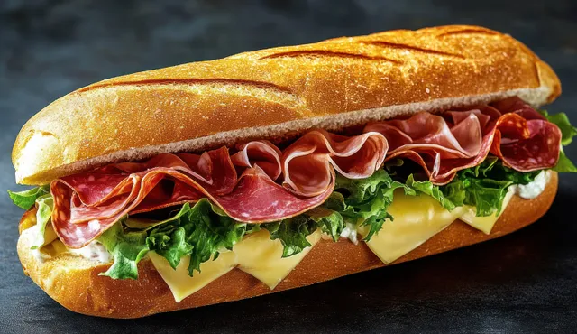 Deli meat and cheese sandwich in a crusty baguette with leafy greens on dark slate