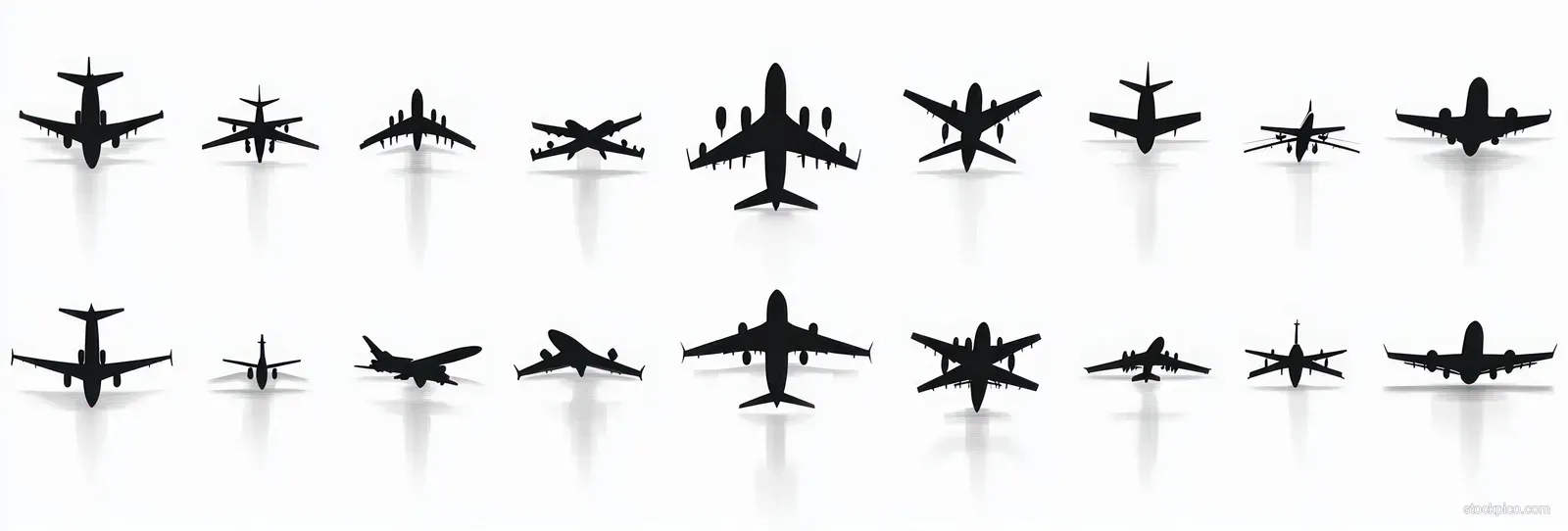 Black airplane silhouettes arranged in multiple rows on a white background.