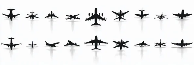 Minimalist airplane silhouettes lineup on white background with crisp wing shapes