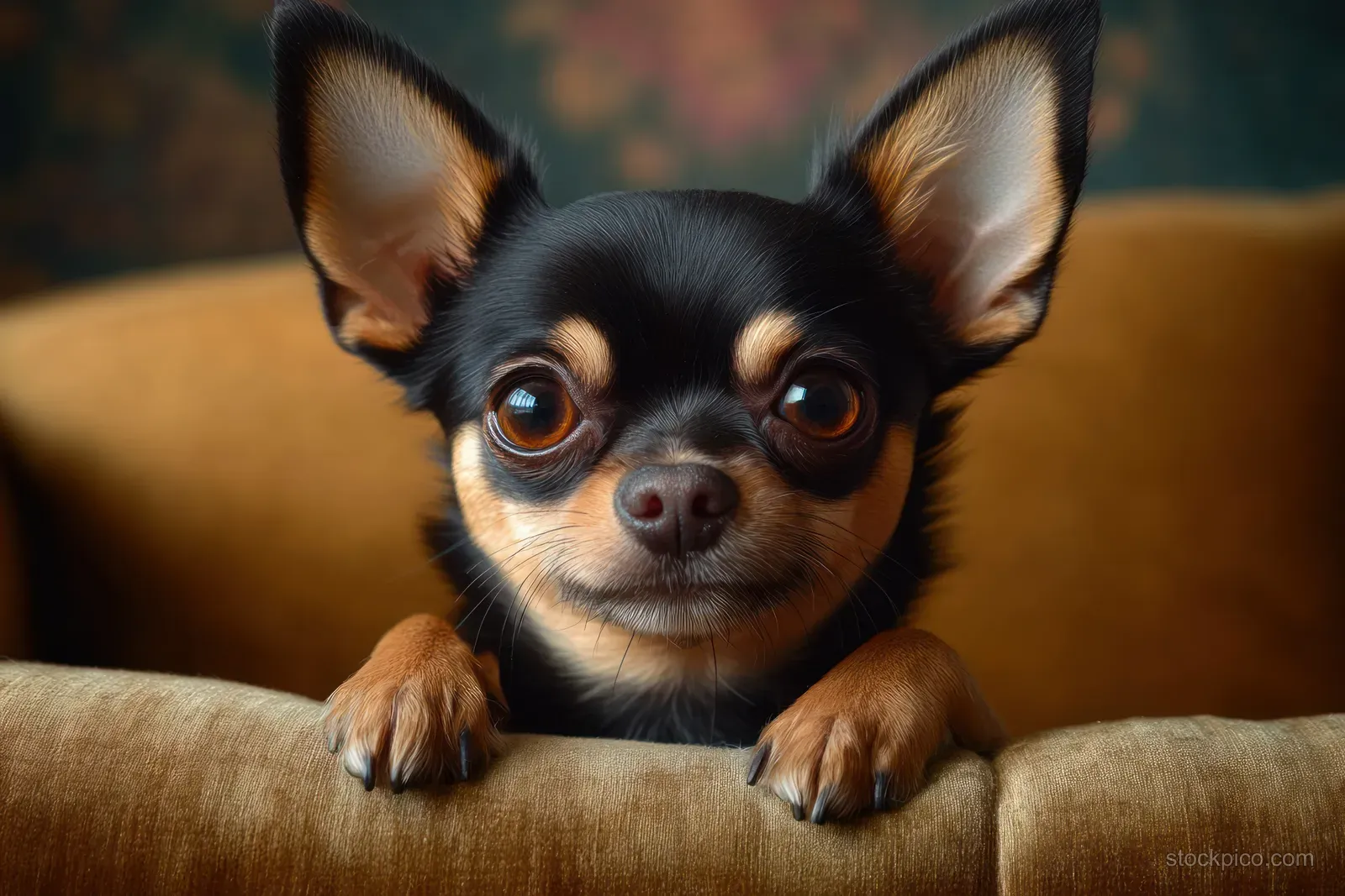 A small black-and-tan Chihuahua puppy rests on a brown armchair while looking forward with wide curious eyes.