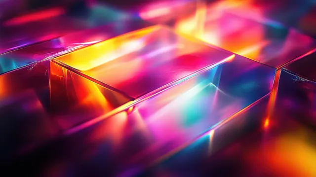 Translucent rectangular neon-lit blocks glow with multicolor reflections across glossy surfaces.