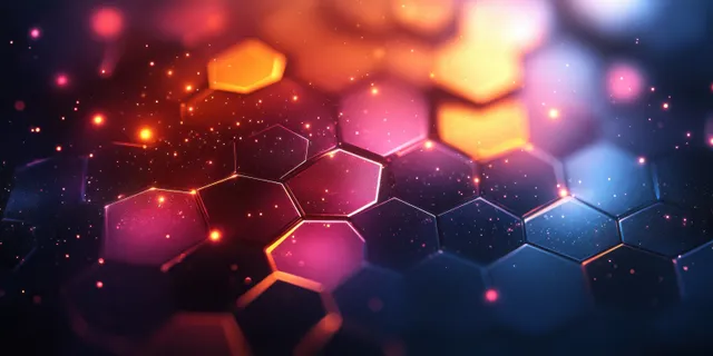 Glowing hexagonal shapes float over a dark blue and purple abstract medical science background with light network dots.