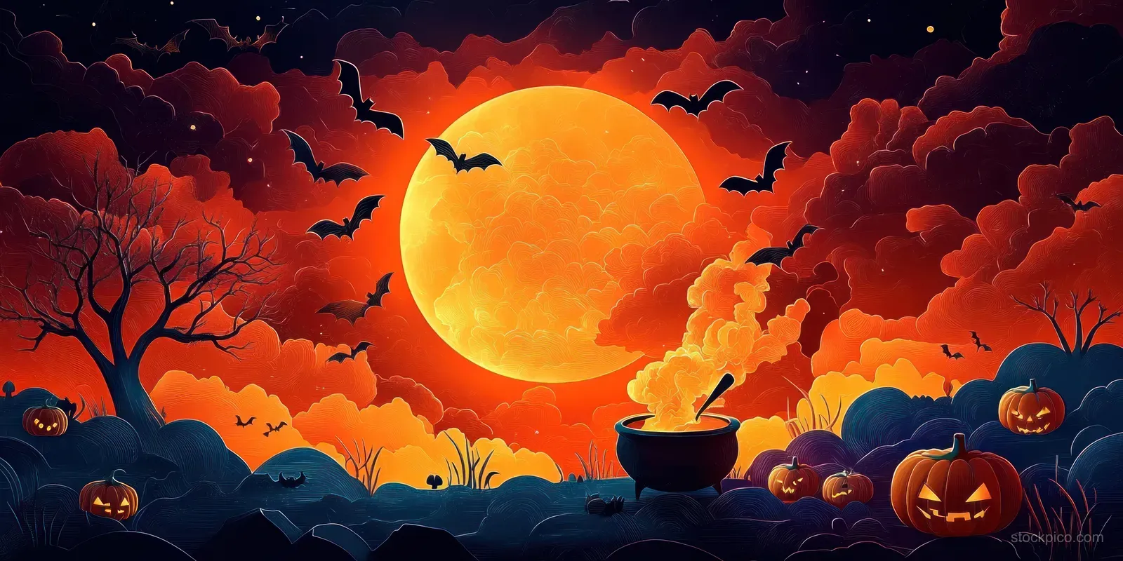 A glowing full moon lights flying bats, jack o lanterns, and a bubbling cauldron among dark trees under an orange sky.