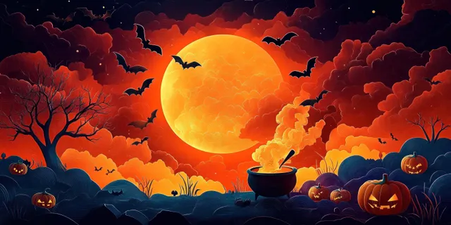 Glowing full moon over Halloween pumpkins, flying bats, and bubbling cauldron at night