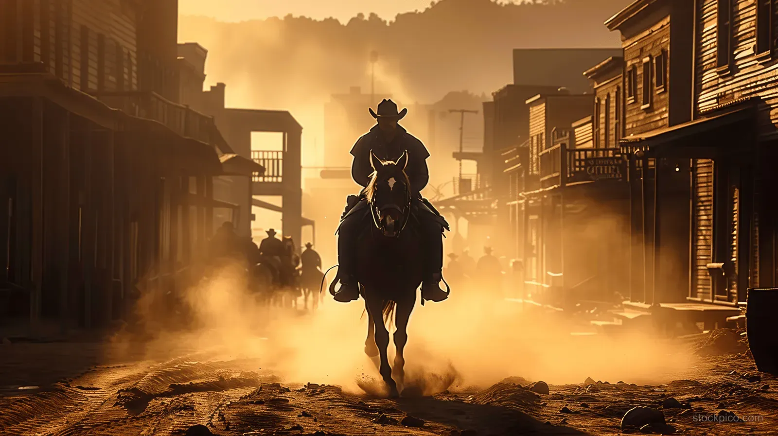 A cowboy rides a horse down a dusty western street at sunset beside silhouetted buildings and townspeople.
