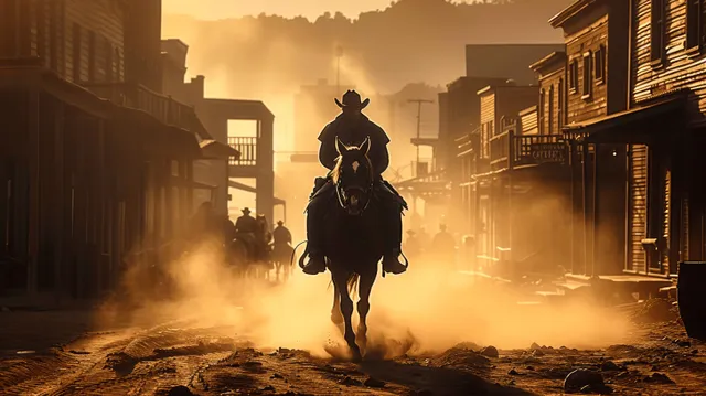 Un vaquero monta a caballo por una polvorienta calle del oeste al atardecer junto a edificios y habitantes en silueta.