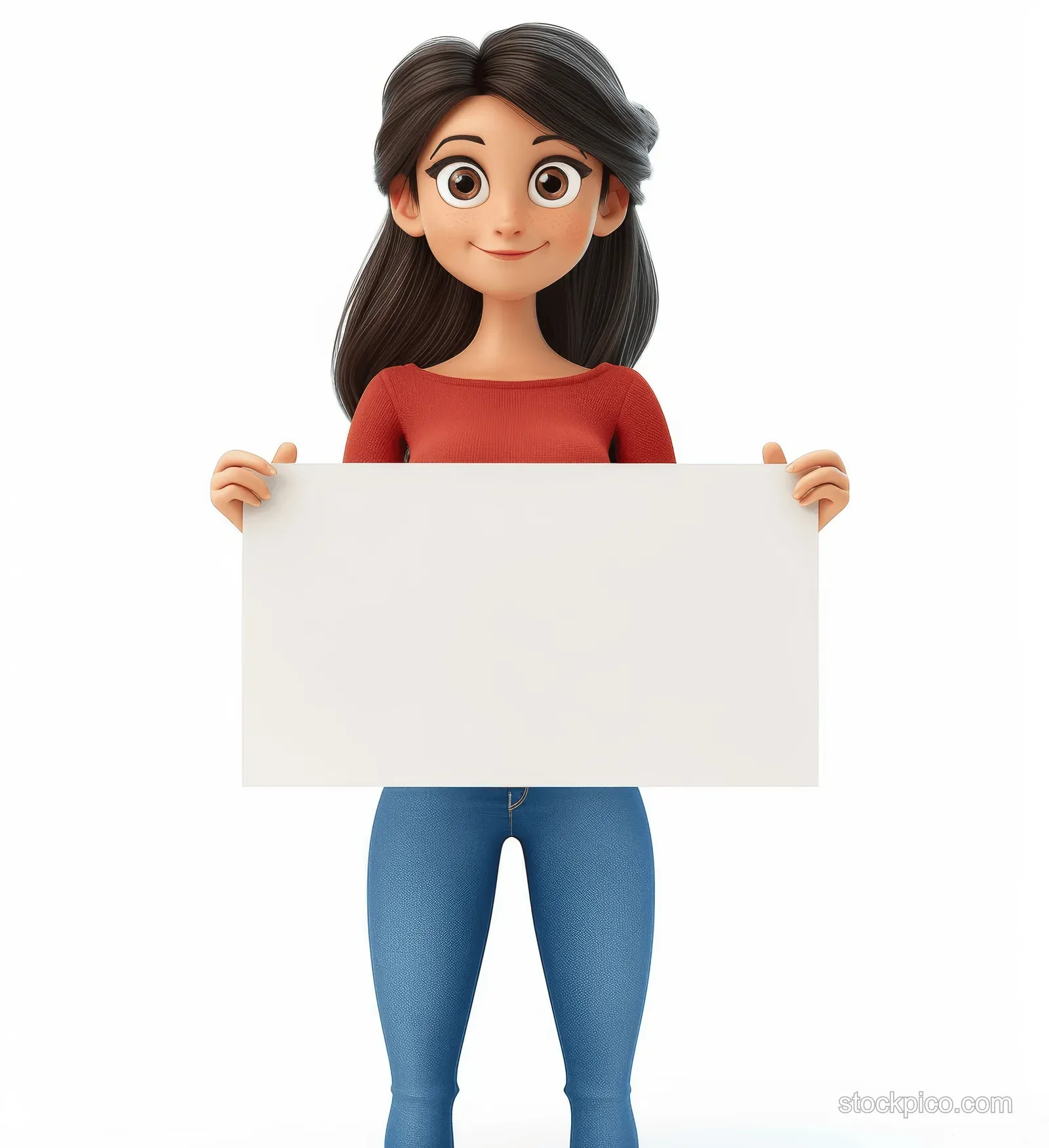3D cartoon woman in casual clothes holding a blank banner sign against a white background.
