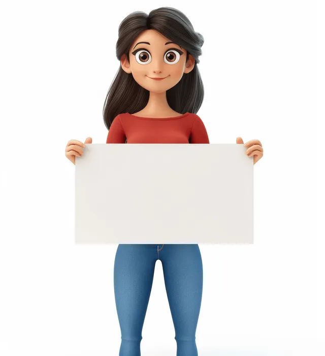 3D cartoon woman holding blank sign banner in casual outfit on white background