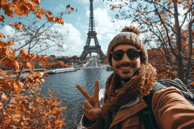 Traveler takes selfie with Eiffel Tower backdrop, peace sign outdoors in Paris autumn