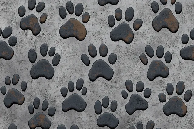 Dark paw prints with rust specks repeat over a rough gray concrete surface background.