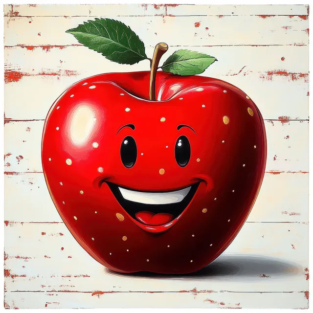 A smiling red apple character with green leaves sits on a rustic white wooden background.
