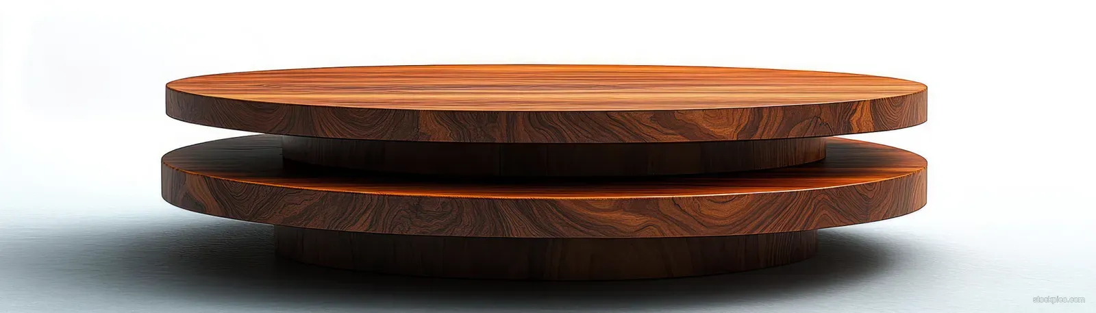 Modern round double-layer wooden table with visible grain and smooth finish on a white background.