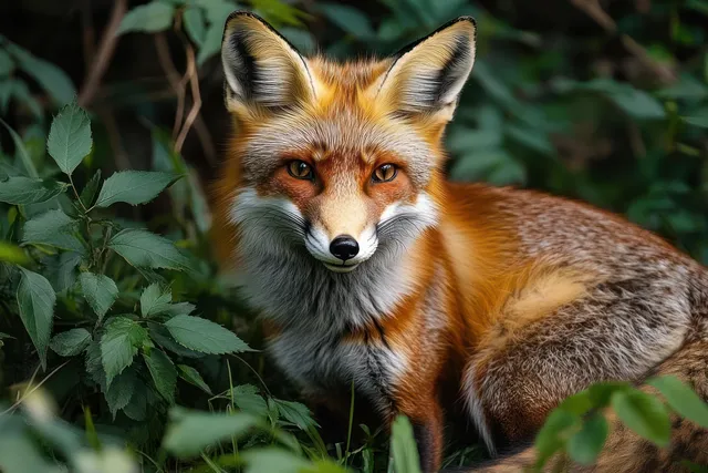 Red fox sitting calmly in forest greenery, sharp eyes and leafy foreground close-up
