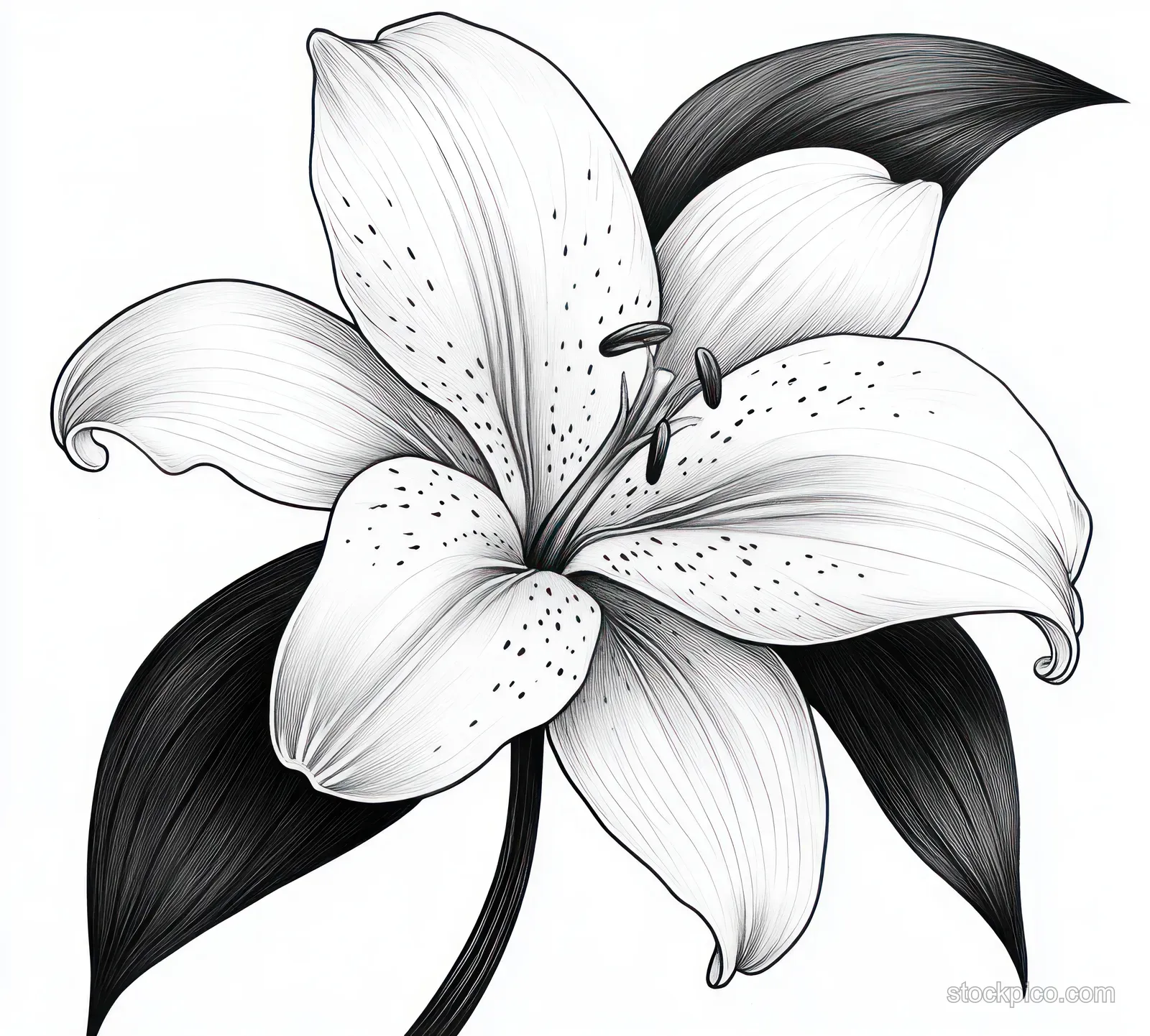 Black and white illustration of a lily flower with five petals, stamens, and textured leaves.