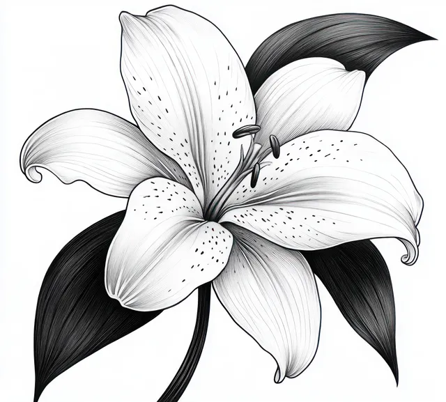 Black and white illustration of a lily flower with five petals, stamens, and textured leaves.