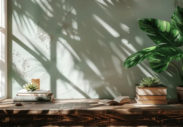 An empty wooden table holds stacked books and palm leaves beside a window with sharp sunlight shadows.