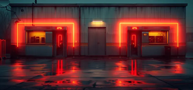 Smart solar backup battery modules with red glowing status lights in a garage under neon illumination.
