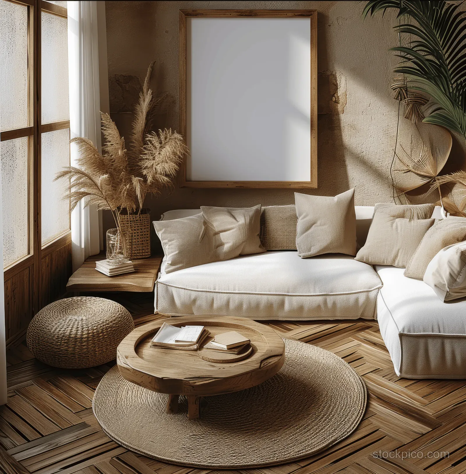 Boho living room with neutral sofa and an empty square frame on a round wooden coffee table.