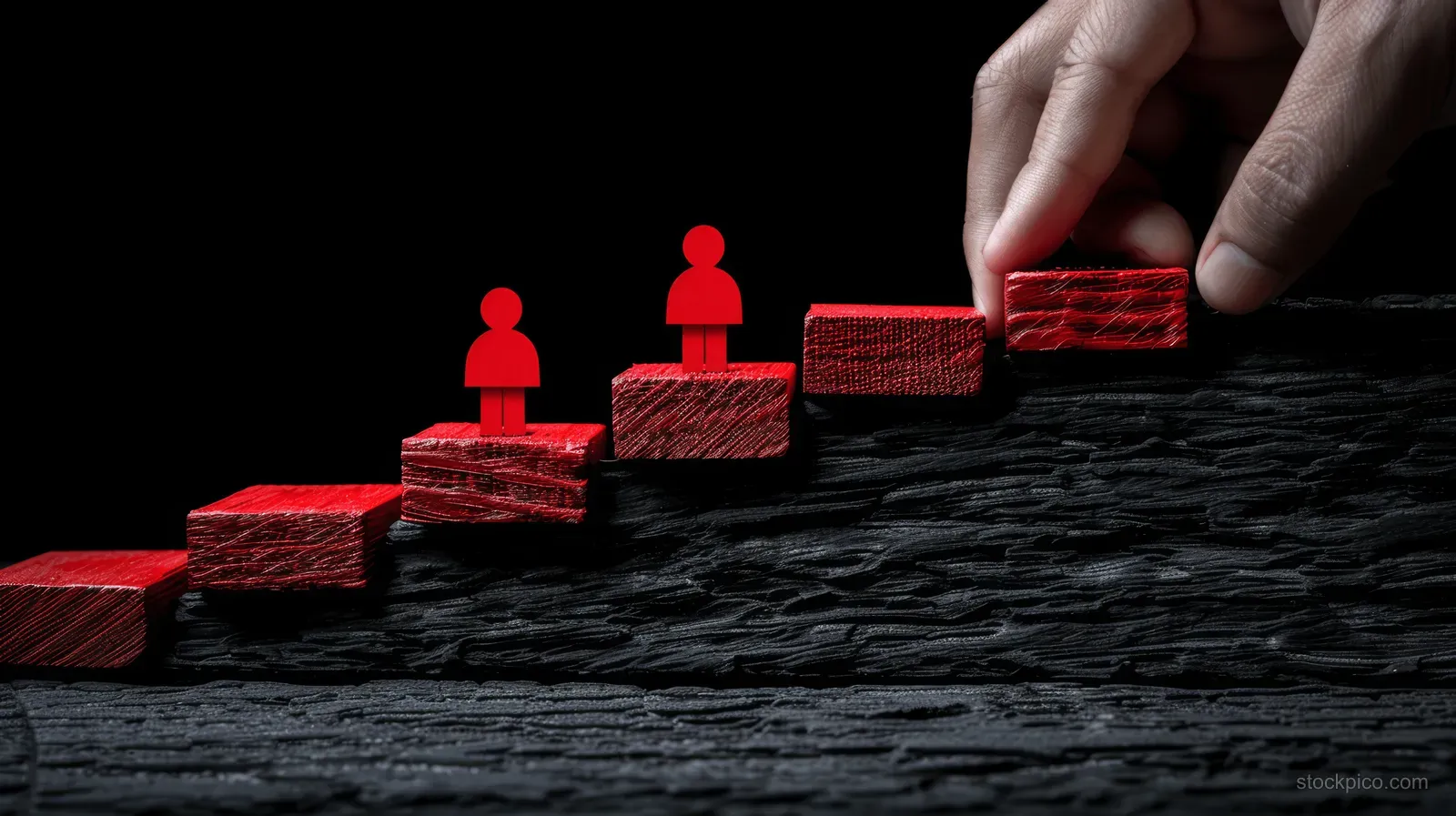A hand places a red wooden leader figure on top of stair blocks while other figures wait below.
