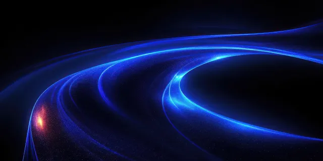 Glowing blue cosmic rings swirl through dark space with sparkling light particles and curved light trails.