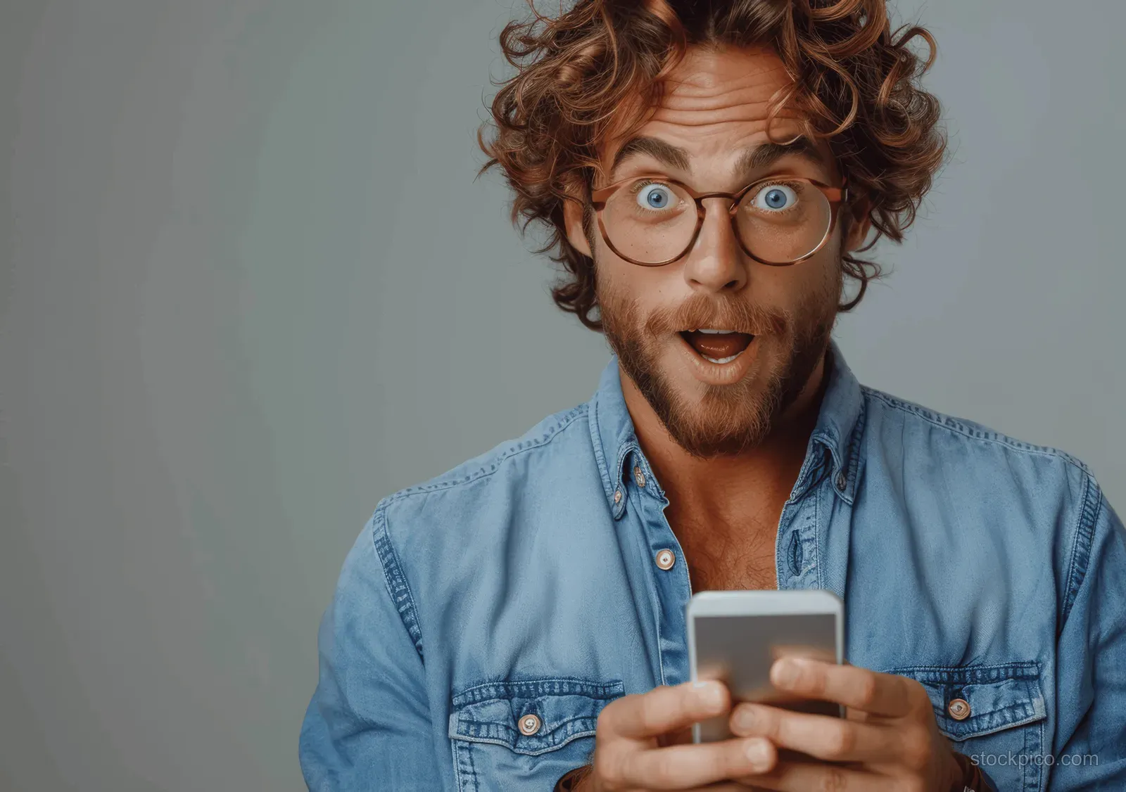 Surprised curly-haired man in a blue shirt holding a smartphone and looking at the screen on a gray background.