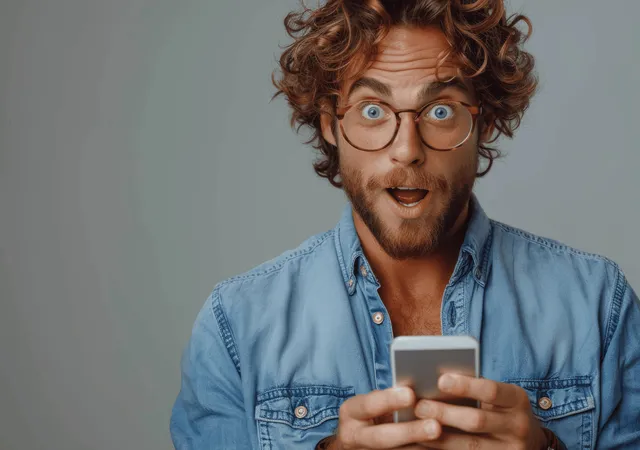 Surprised curly-haired man in blue shirt holding smartphone with wide open eyes