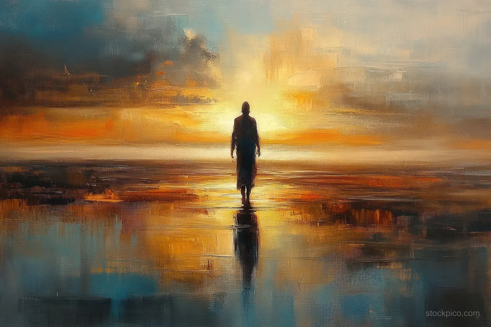 A lone silhouette of Jesus walking across calm water during sunset with glowing reflections and misty waves.
