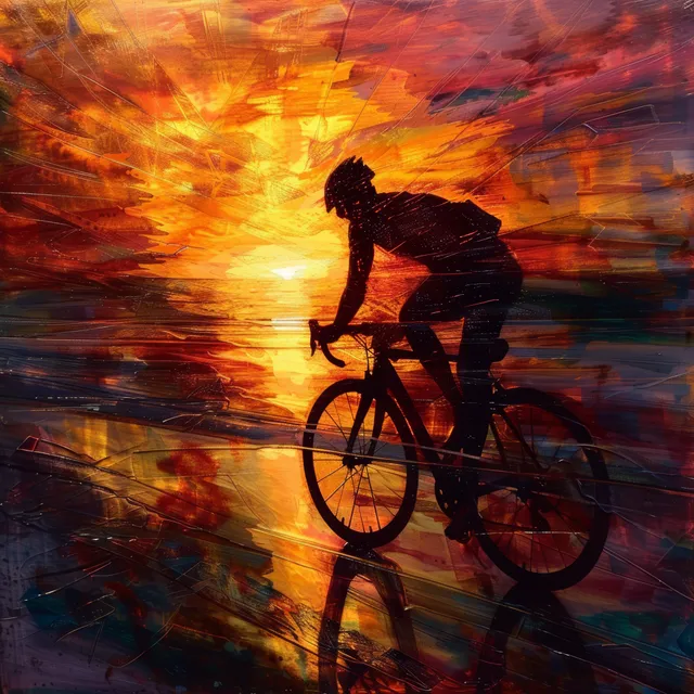 Silhouette male cyclist speeding through sunset, vibrant motion blur and fiery sky