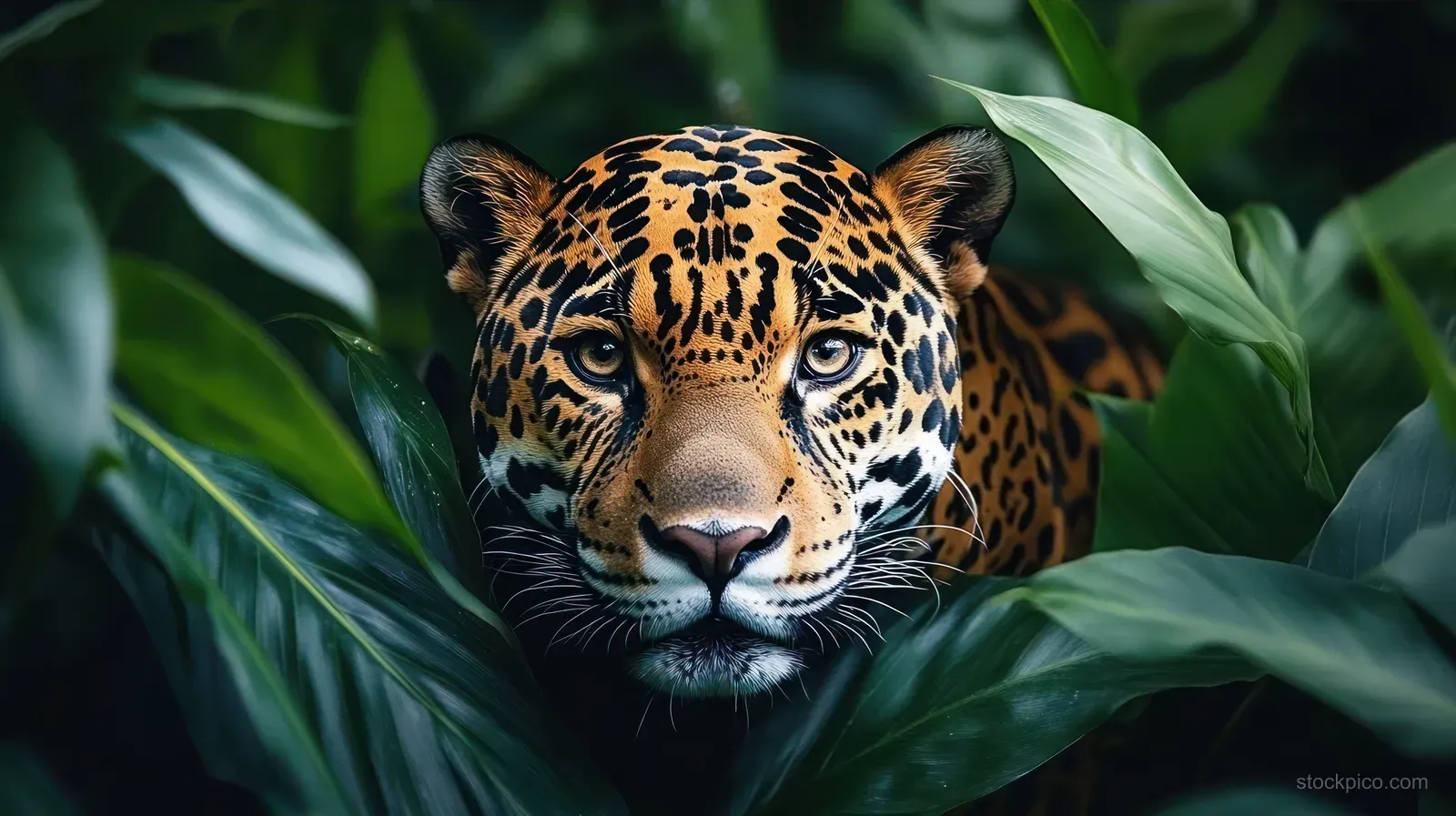A jaguar stares from dense tropical leaves, its spotted face and intense eyes visible between green foliage.