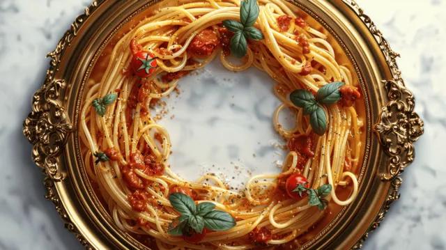 Spaghetti with tomato basil sauce arranged in an ornate gold rim plate, top view
