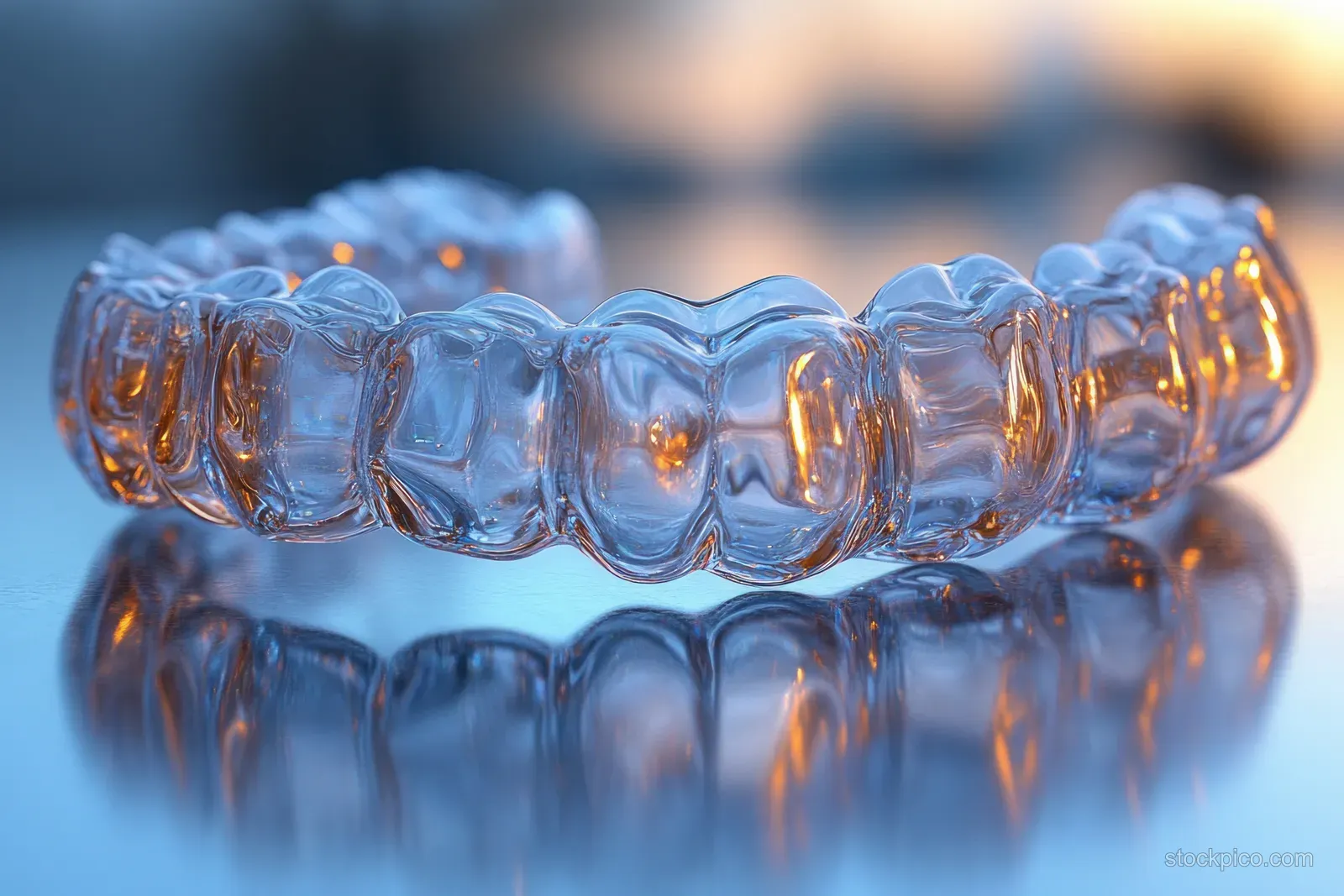 Transparent dental aligners arranged on a reflective glass surface with sharp reflections and visible molded ridges.