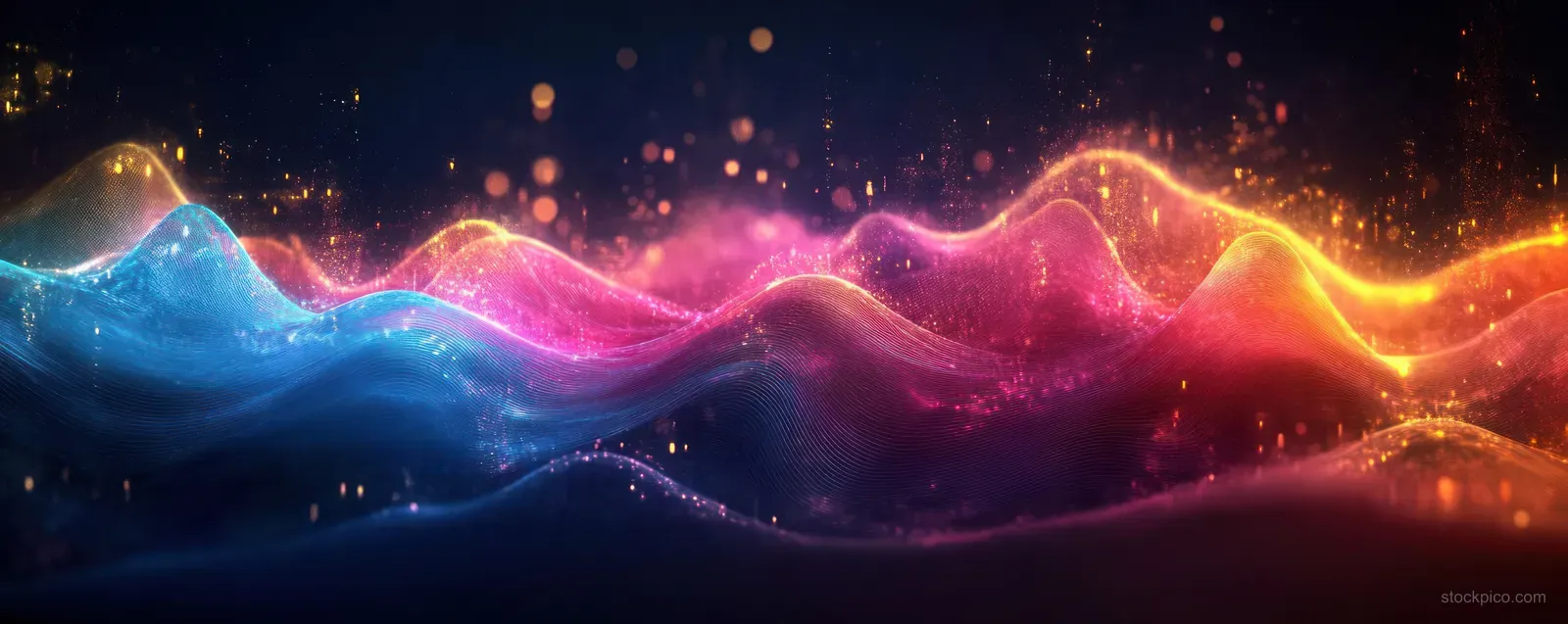 Glowing neon wave ribbons in pink, blue, and gold ripple across a dark digital landscape with floating particles.