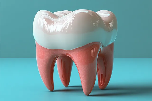 3D tooth model with smooth enamel and healthy gums on a turquoise background representing whitening and clean oral care.