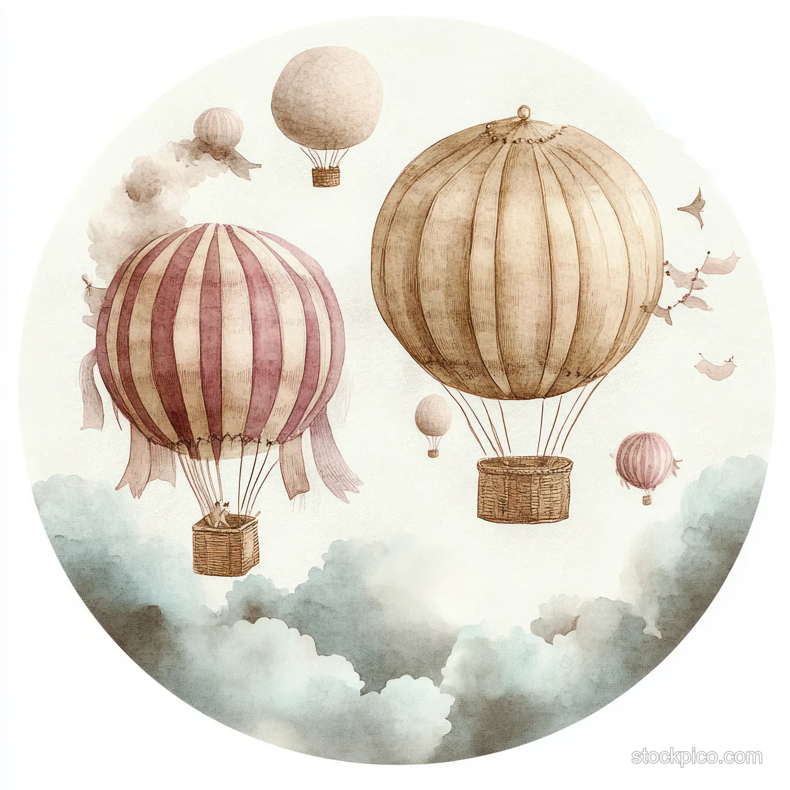 Three watercolor hot air balloons float above soft cloud puffs against a pastel sky with tiny bird shapes.