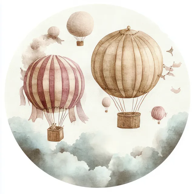 Watercolor hot air balloons floating above soft cloud puffs in pastel sky