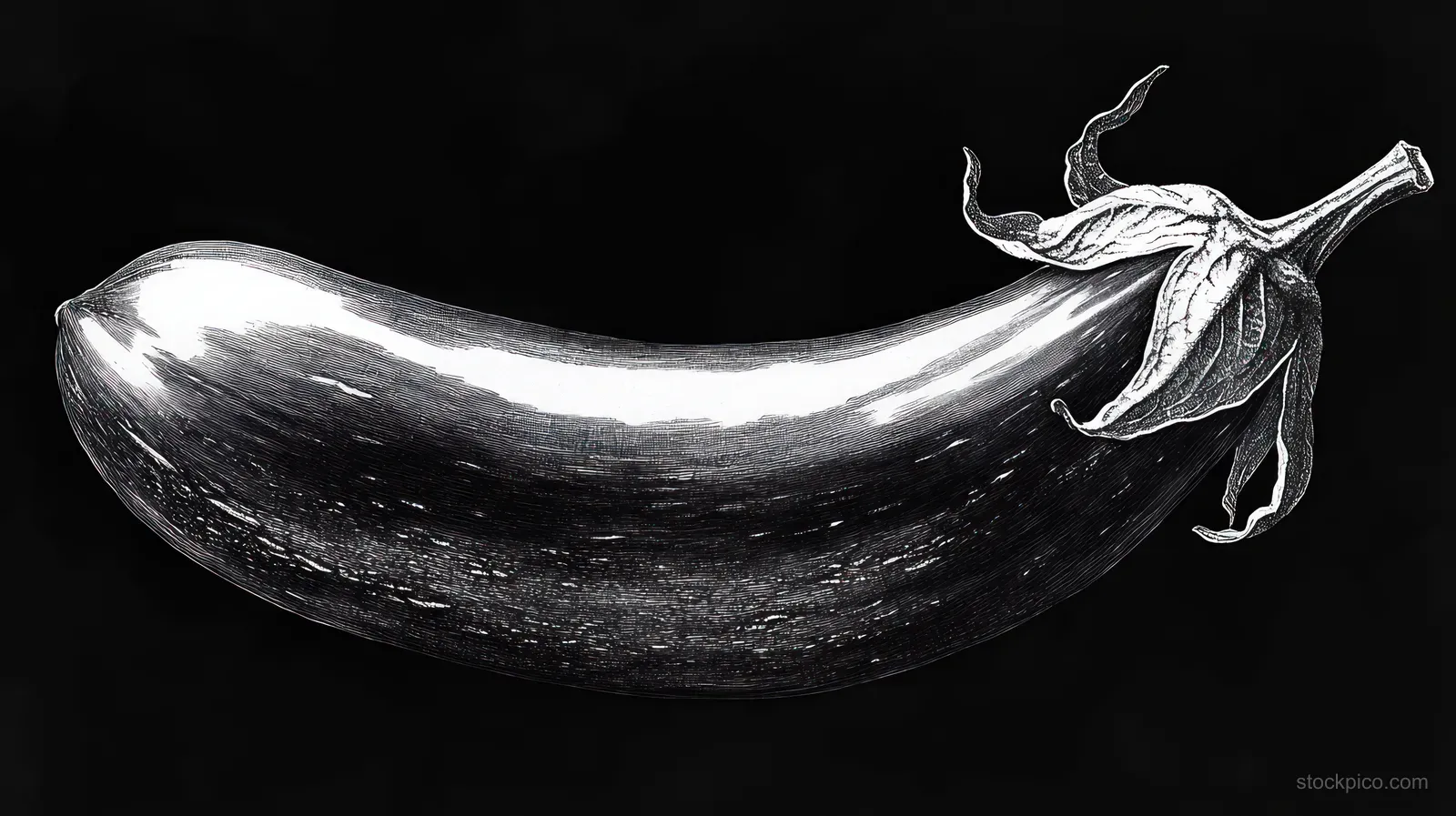 Monochrome eggplant with textured skin and curled stem shown against a black background.