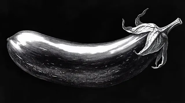 Monochrome eggplant with textured skin and curled stem shown against a black background.